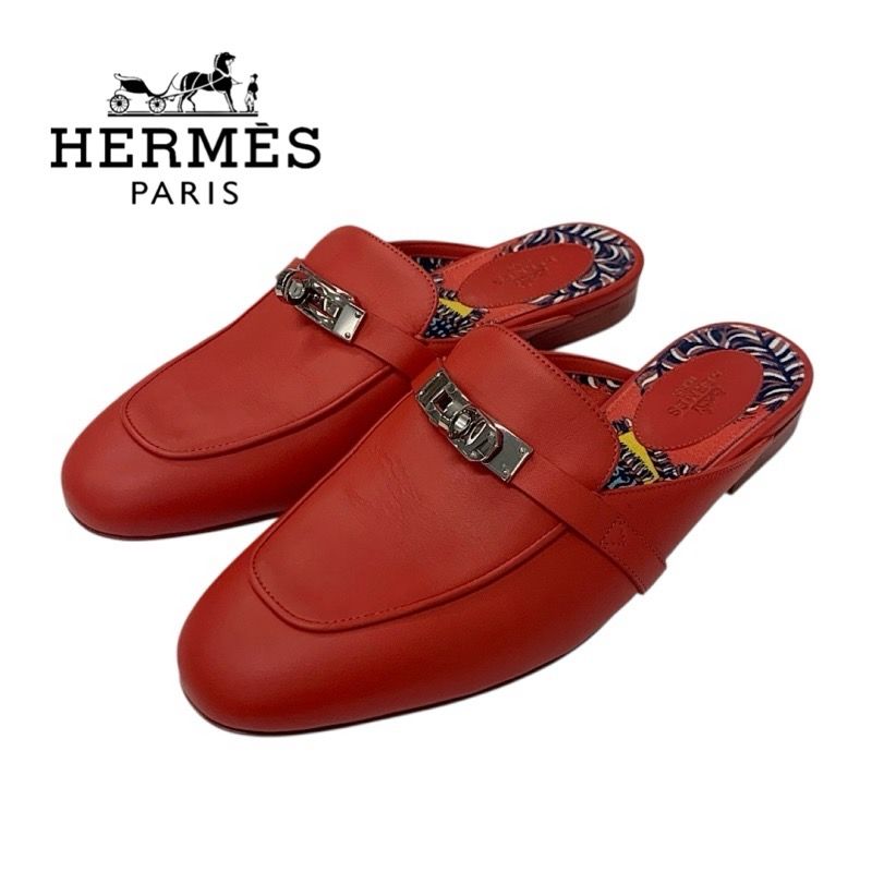 エルメス HERMES オズ フラットシューズ 靴 シューズ レザー レッド シルバー ケリー金具 ミュール