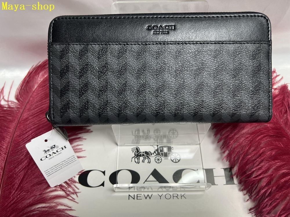 コーチ COACH 長財布 財布 アコーディオン  ヘリンボーン プリント ラウンド レザー 財布 メンズ ファッション プレゼント 父の日母の日贈り物  吉日 財布 メンズ ファッション 新品未使用  A197C197 F29275 4G6QD