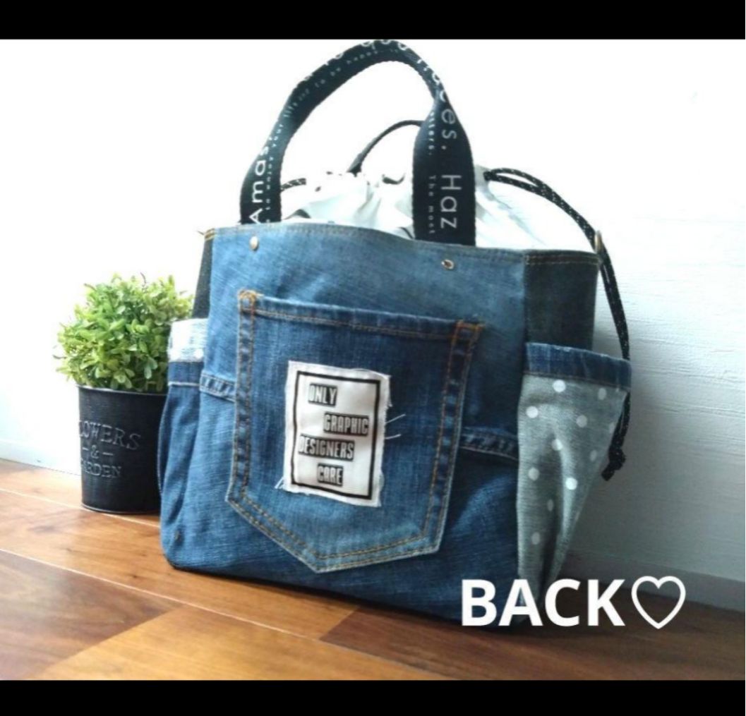 №721【Dots DENIM✖️北欧 巾着ToteBAG⚮̈♡】デニムリメイク №721【レア✨️Dots DENIM✖️北欧👖巾着ToteBAG⚮̈