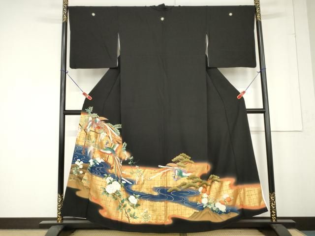 平和屋着物□豪華黒留袖 駒刺繍 流水鳳凰花文 暈し染め 金彩