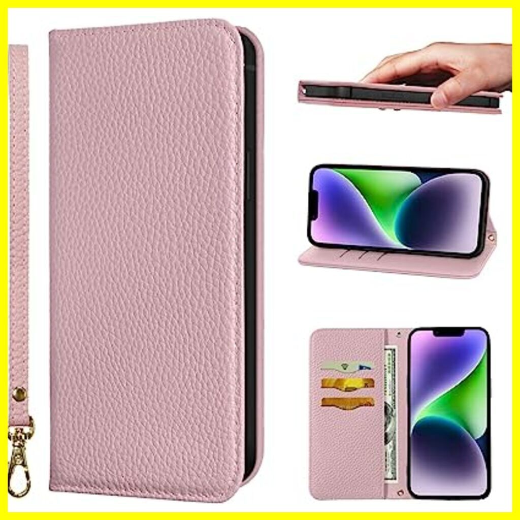 iPhone 14 ケース 手帳型 超繊皮 RFIDト 財布型 カバー 手帳型 耐衝撃 保護カバー 内蔵マグネット携帯カバー カードポケット  スタンド機能 リストバンド ピンク 色: ピンク