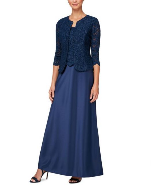 送料無料 アレックスイブニングス レディース ワンピース トップス Petite Lace Dress and Jacket Navy