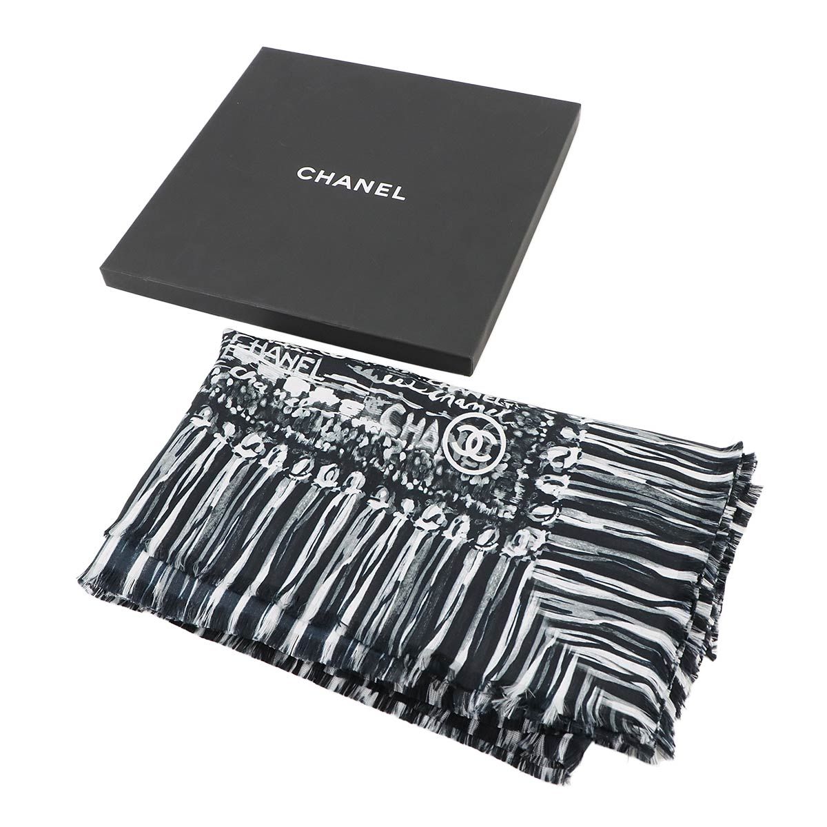 未使用 展示品 シャネル CHANEL ロゴ スカーフ フリンジ シルク 100 