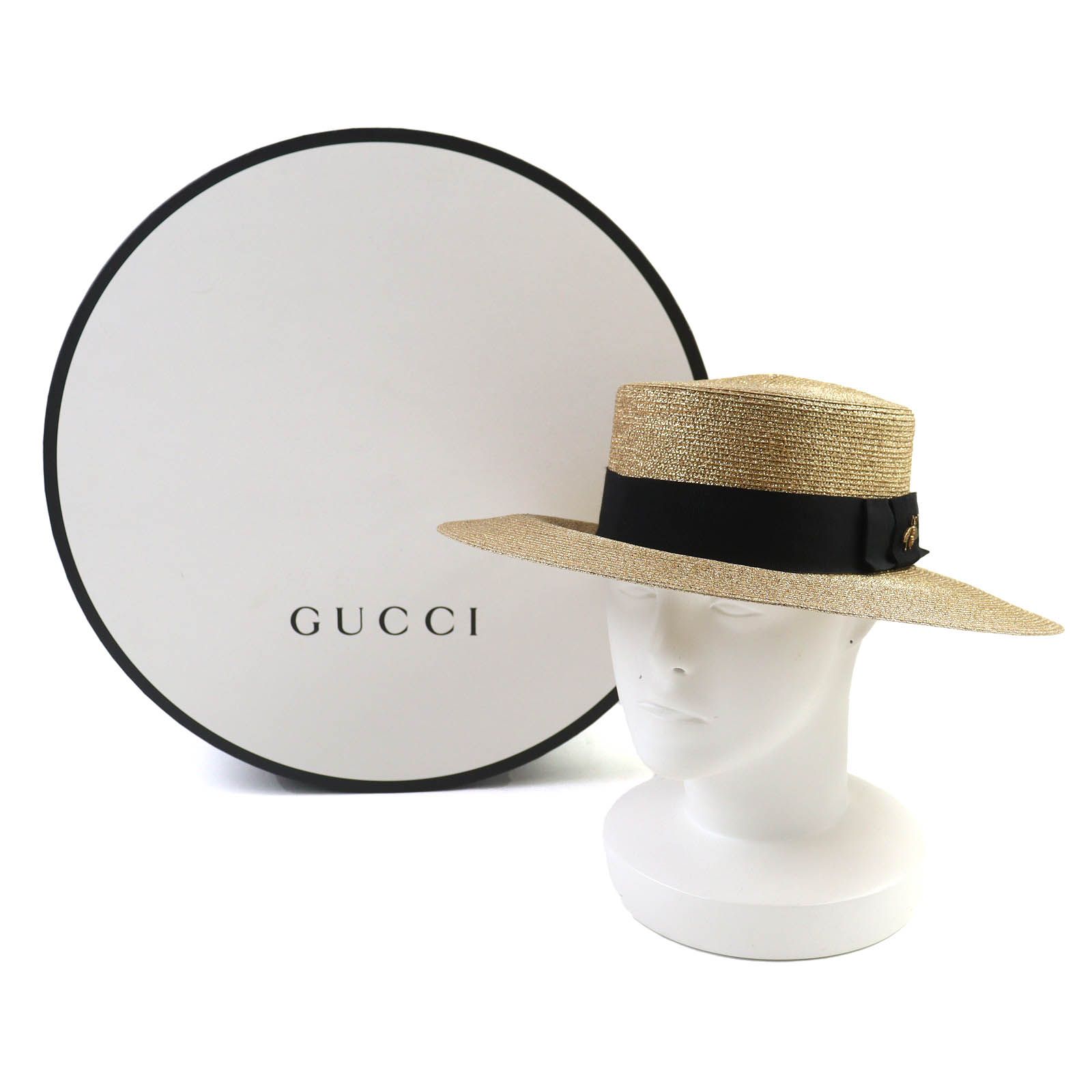 △GUCCI グッチ ラメ ファブリック パピエ ハット bee金具 リボン カンカン帽 ストローハット ゴールド ブラック M 57cm き イタリア製 レディース