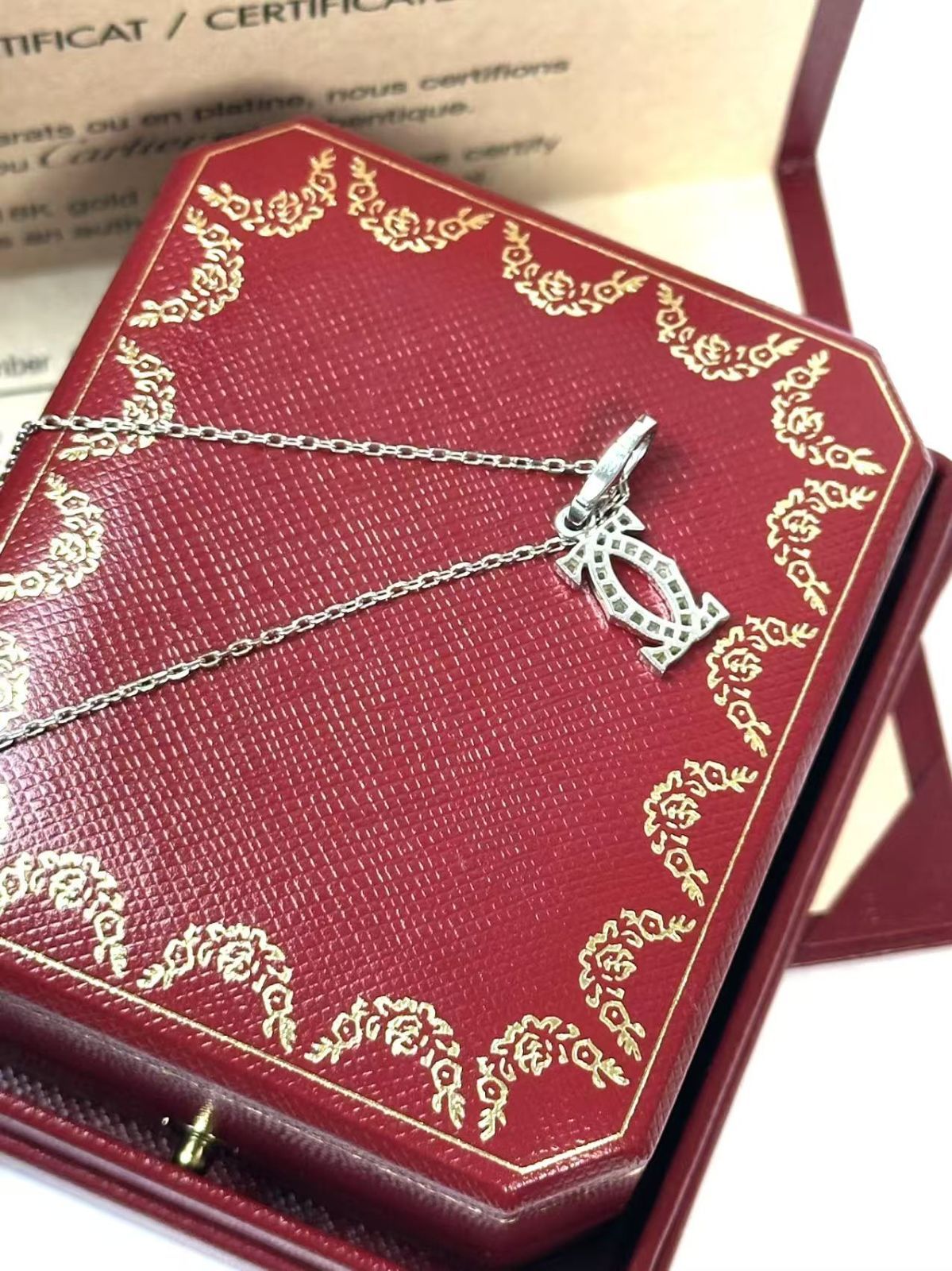 フルセット◆カルティエCartierダイヤ付き2CチァームネックレスK18WGホワイトゴールドダイヤモンドCCペンタントネックレスユニセックス男女