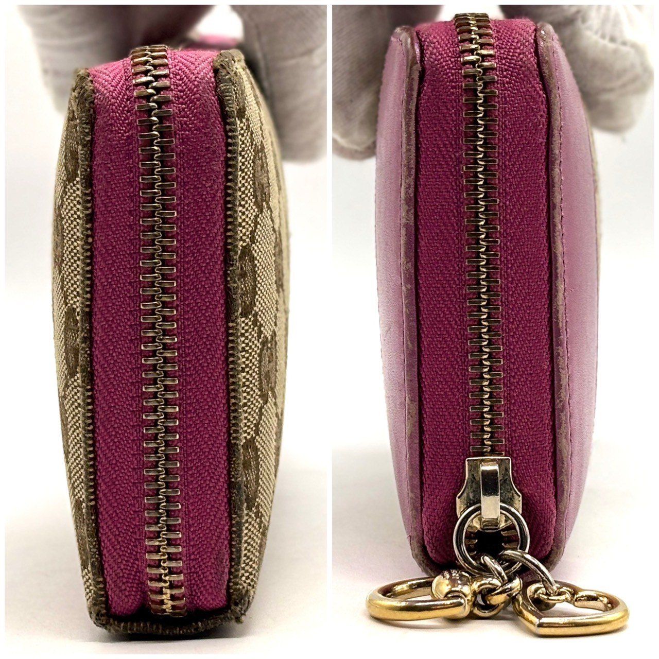【GUCCI】GGキャンバス×メタリックピンクレザー♡チャーム付長財布 GUCCI】GGキャンバス×メタリックピンクレザー♡チャーム付長財布