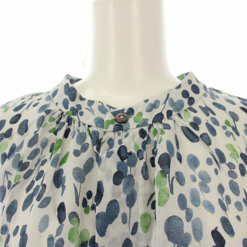 パラスパレス Pallas Palace ブラウス バンドカラー 半袖 総柄 2 白 紺