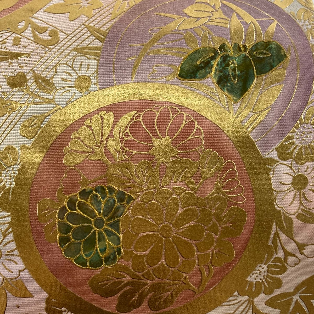 袋帯 秀品 丸文 草花 金彩 螺鈿 金色 お太鼓柄 正絹