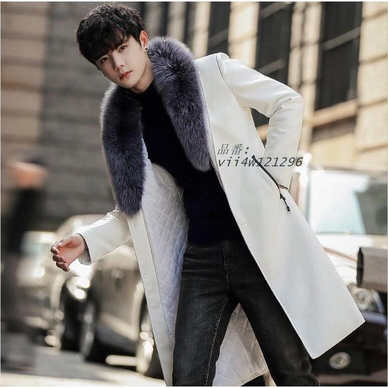 秋冬 ロング丈コート レザーコート 二つボタン ライダース PU フェイクファー付き メンズ 革 中綿 アウター vii4w121296