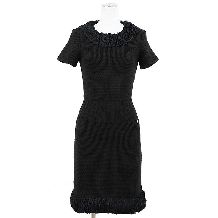 CHANEL シャネル ワンピース 08A P34482 ニット カシミヤ混 COCOマーク リオン ロゴ ライオン 獅子 チャーム ショートスリーブ 半袖 ドレス レディース サイズ 36 ブラック 黒 イタリア製 カール ラガーフェルド期