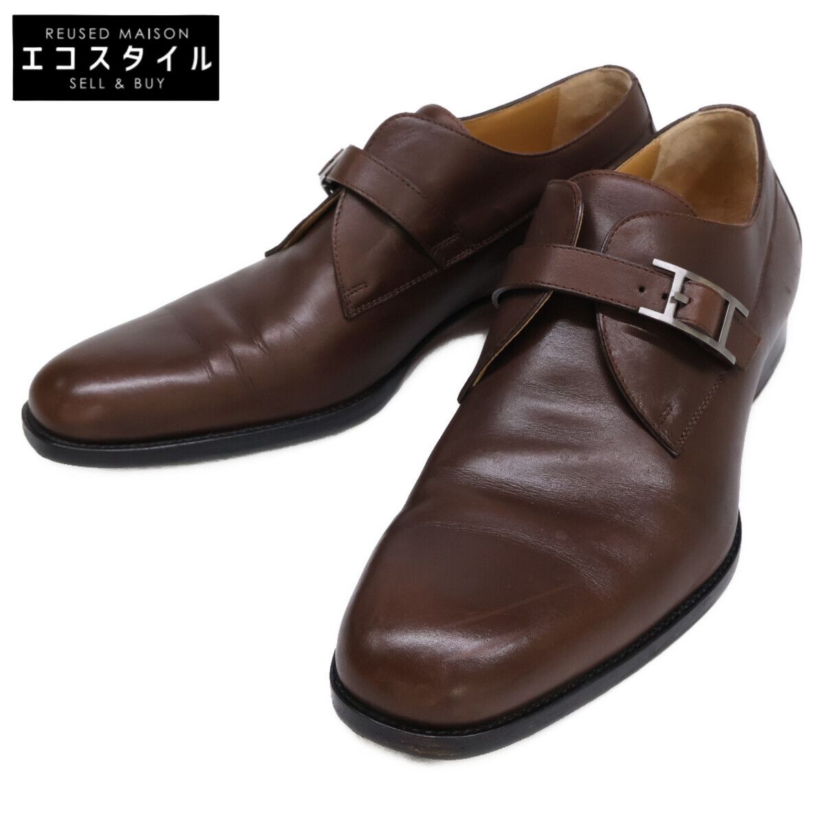 HERMES エルメス カーフ Hバックル プレーントゥ シングルモンクストラップシューズ 43 1|2