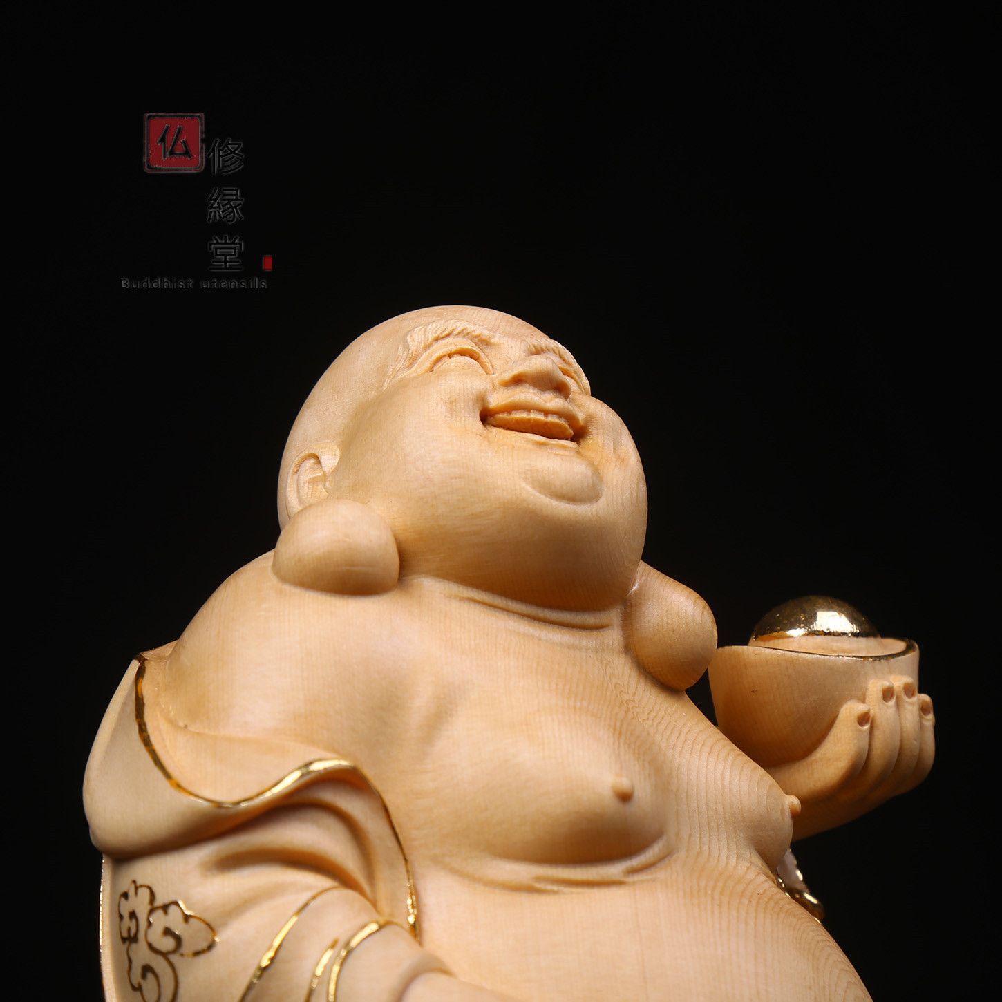 修縁堂】極上品 木彫仏像 七福神弥勒仏 布袋様 彫刻 本金 切金 天然木