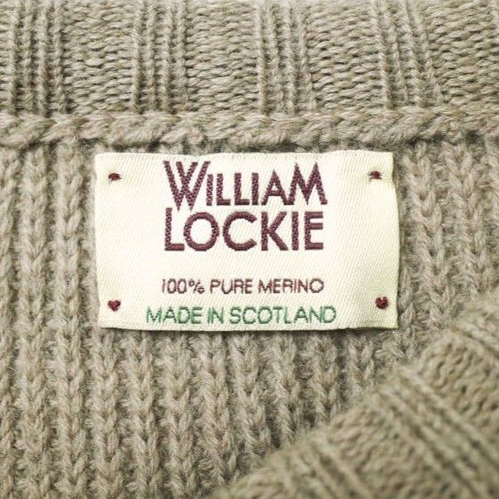 WILLIAM LOCKIE ウィリアムロッキー スコットランド製 畦編みエルボーパッチクルーネックニット 38 ベージュ セーター メリノウール プルオーバー トップス g17047