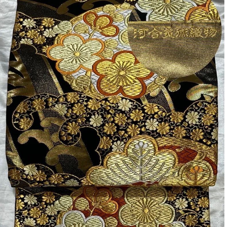 豪華絢爛綺麗美品河合美術織物京西陣織黒金彩正絹六通袋帯