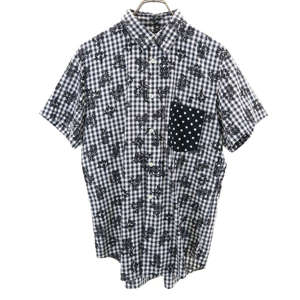 ブラックコムデギャルソン 2013年 日本製 チェック柄 半袖 シャツ L ブラック×ホワイト BLACK COMME des GARCONS ドット柄胸ポケット プリント メンズ 古着 【240508】 メール便可