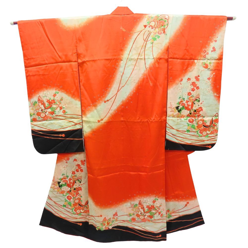 子供着物 祝い着 合成繊維 朱色 マルチカラー 女の子 七五三 7歳用 和装 呉服 和服 きもの