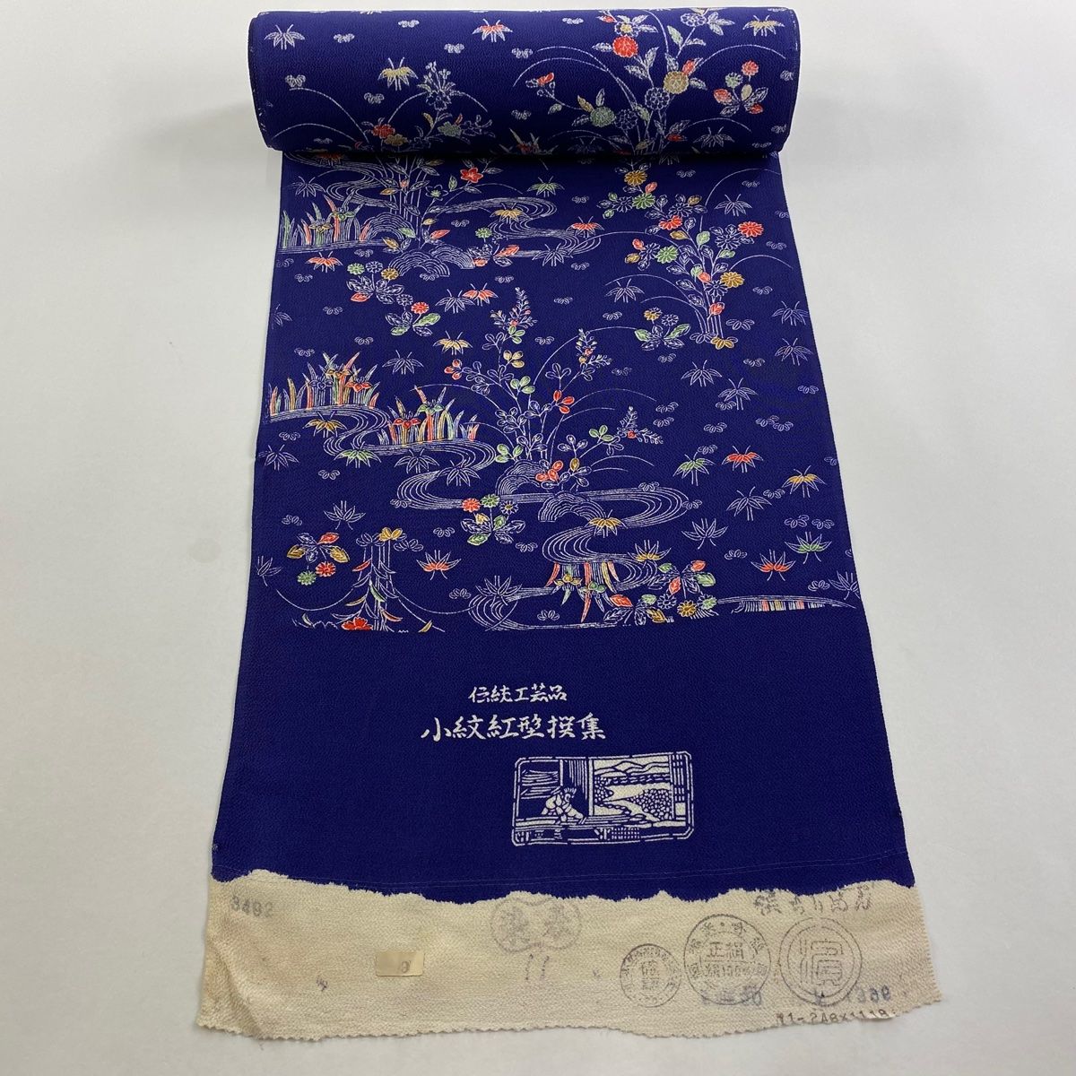 反物 秀品 小紋 草花 流水 縮緬 紺色 正絹