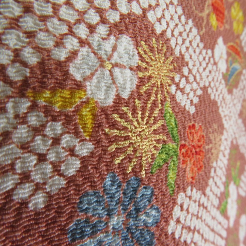 小紋 辛子色x多色 縮緬 流水に紅葉や小花など 正絹 バチ衿 仕立て