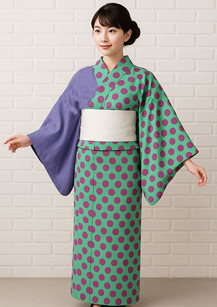 浴衣 単品 仕立て上がり 女性用 半身仕立て 綿100％ 緑色×紫色 水玉模様 ドット NO42140