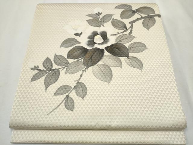 平和屋着物●塩瀬　九寸名古屋帯　枝椿　正絹　逸品　DABA0200cm 平和屋着物◎塩瀬 九寸開き名古屋帯 手描き 枝椿 正絹 逸品 AAAL3893tm