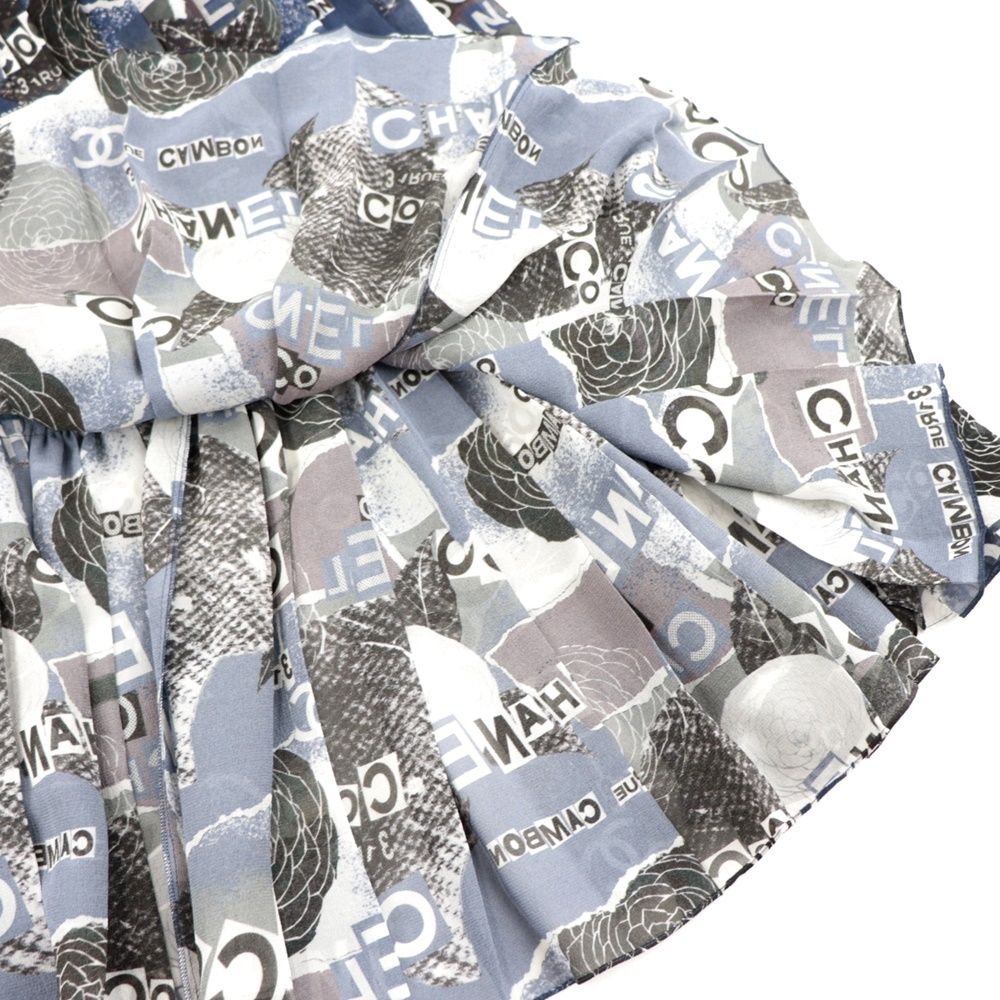 美品 シャネル 20P ロゴ総柄 シルクプリーツ ワンピース