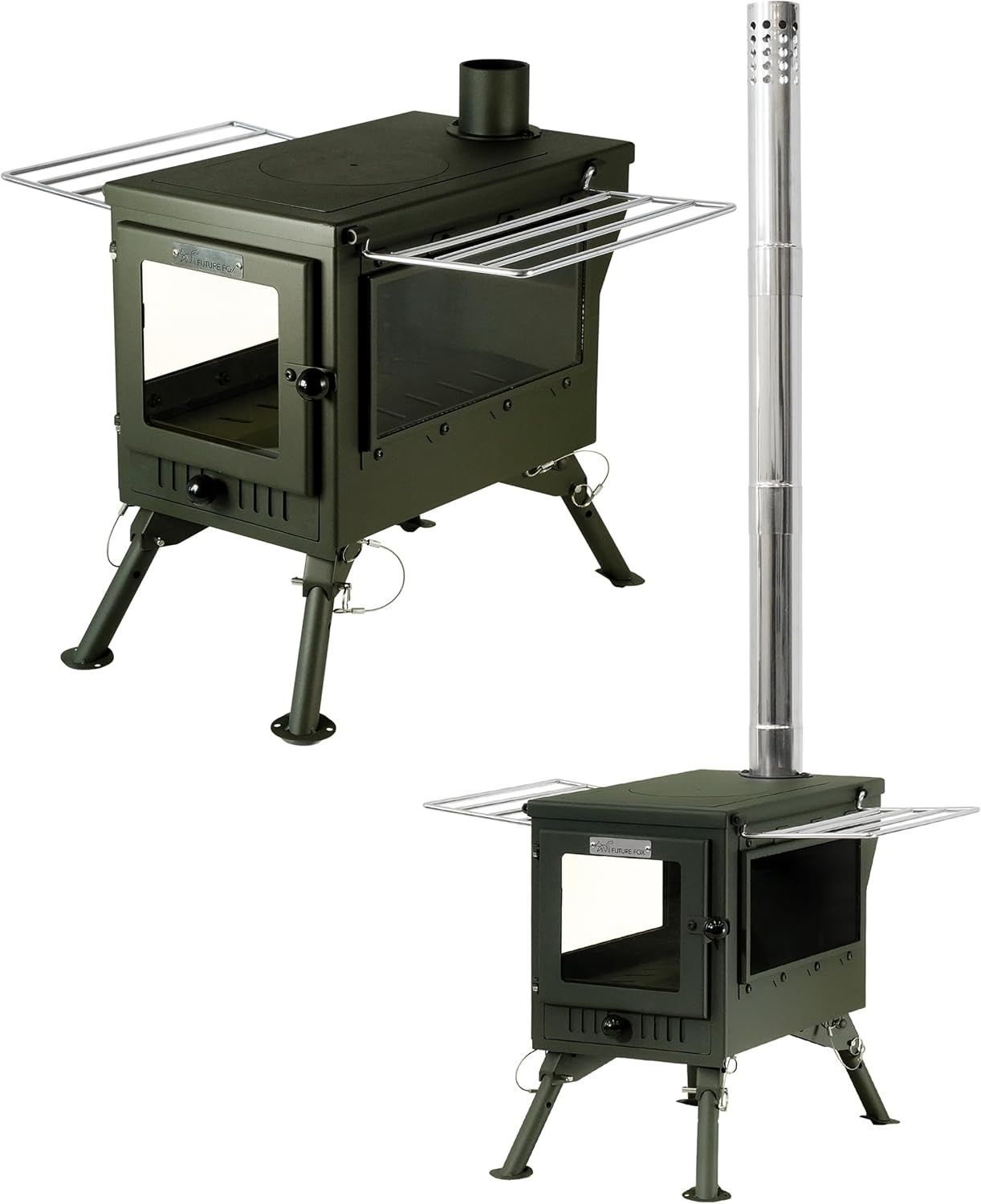 FUTUREFOX 薪ストーブ テントストーブ 折りたたみ式 煙突付属 3面ガラス 調理 鉄製 最大52.5×40×263cm オリーブ 特殊塗装