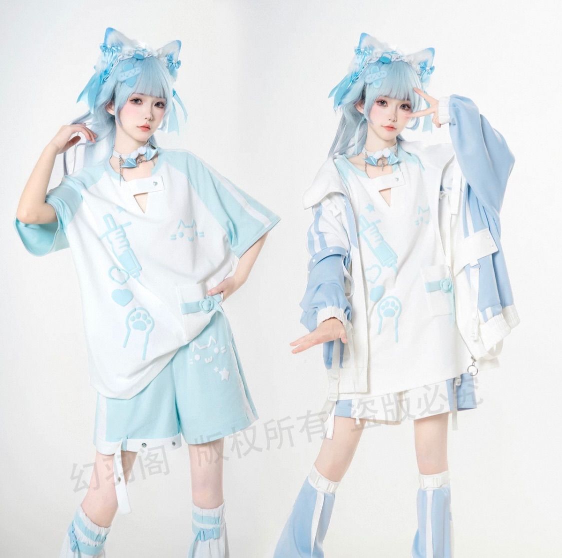 ⭐️新品⭐️1点限り アイスシルク 日焼け止め パーカー ねこちゃん 水色 ジップパーカー セーラー ジャージ サブカル 天使の羽 水色 量産