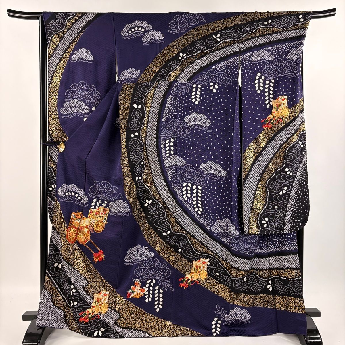 振袖 フルセット美品 名品 御所車 草花 箔 金彩 紫 袷