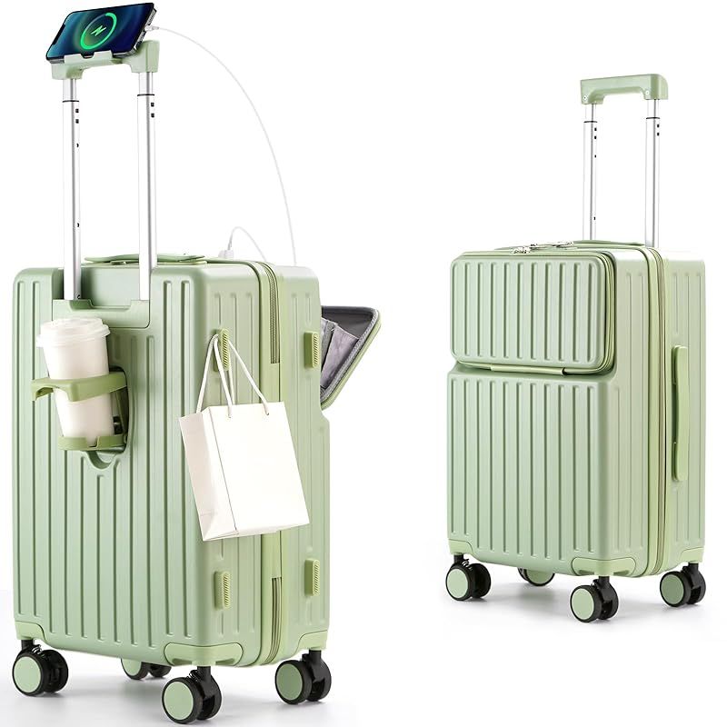 Mularda スーツケース フロントオープン スーツケース 機内持ち込み キャリーケース 超軽量 耐衝撃 前開き キャリーバッグ USBポート付き 360度回転 ダブルキャスター 軽量 旅行 ビジネス 出張 グリーン 1