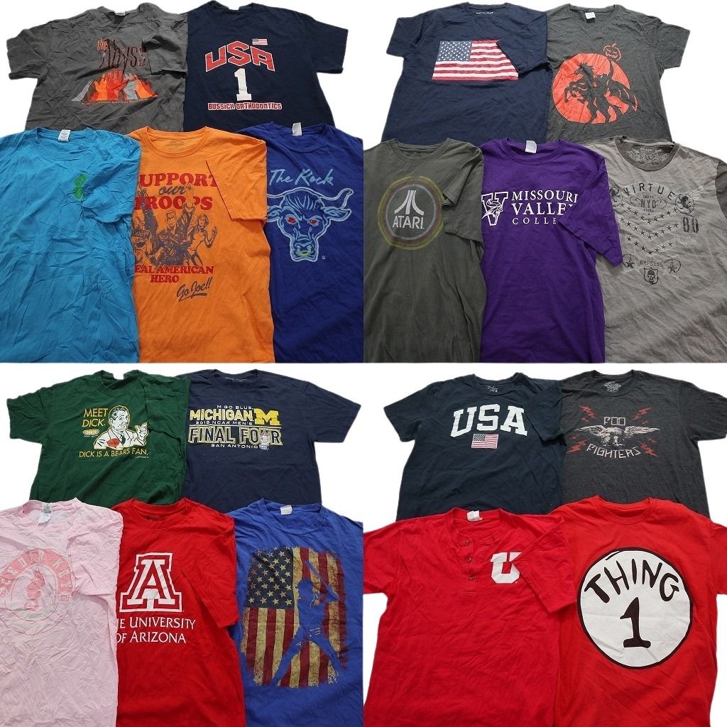 古着卸 まとめ売り カラーmix プリント 半袖Tシャツ 19枚セット (メンズ L ) ヘンリーネック 星条旗 ワンポイント 英文字  古着 NA1783