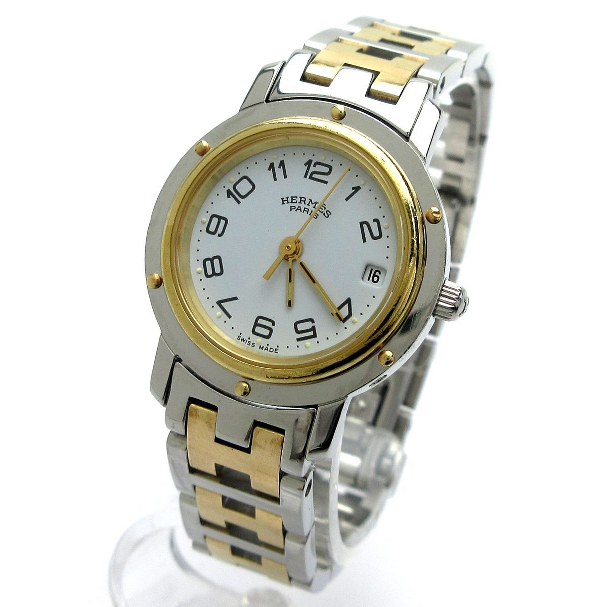 444☆極美品☆ HERMES エルメス CL4.220 レディース 純正箱 エルメス HERMES クリッパー CL4.220 レディース ゴールドコンビ 白