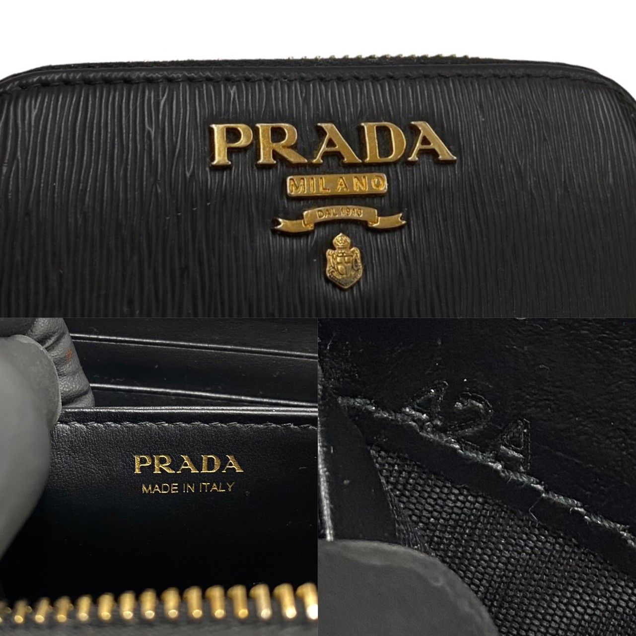 極 美品 箱 カード付 PRADA プラダ ロゴ 金具 レザー 本革 ラウンド