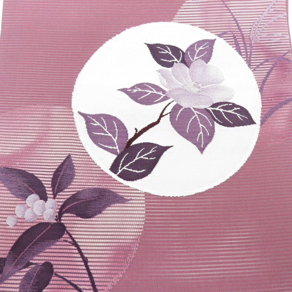 名古屋帯 正絹 絽 夏用 椿と南天柄 紫色 九寸帯 お太鼓柄 カジュアル