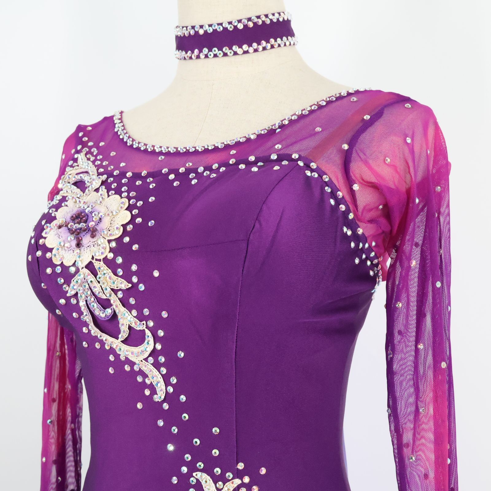 社交ダンス衣装】パープル ワンピース ドレス フロート レース ライン