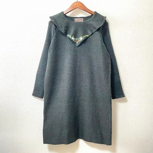 wnc サイトウトヨコ 斉藤都世子 チュニック ワンピース 緑系 ニット 花刺繍 リブ レディース 966073