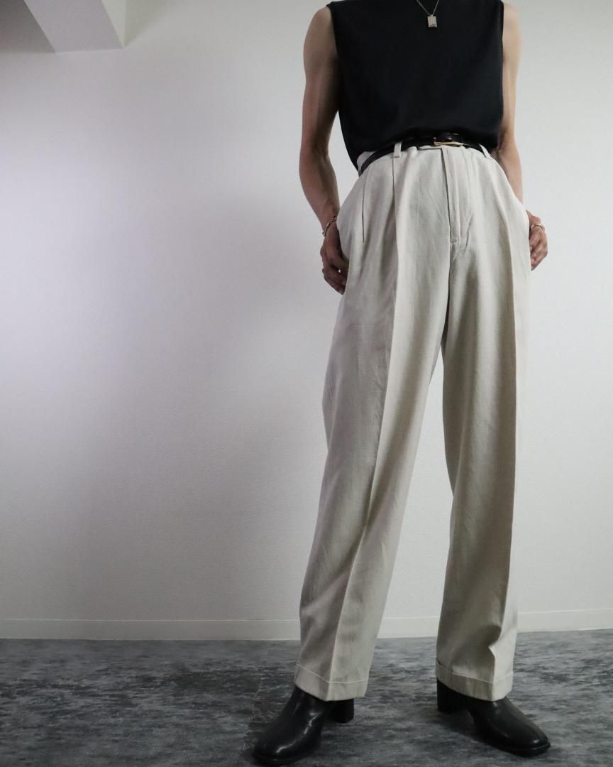 90s George リネン 2タック ワイド スラックス ダブル 白系 W34