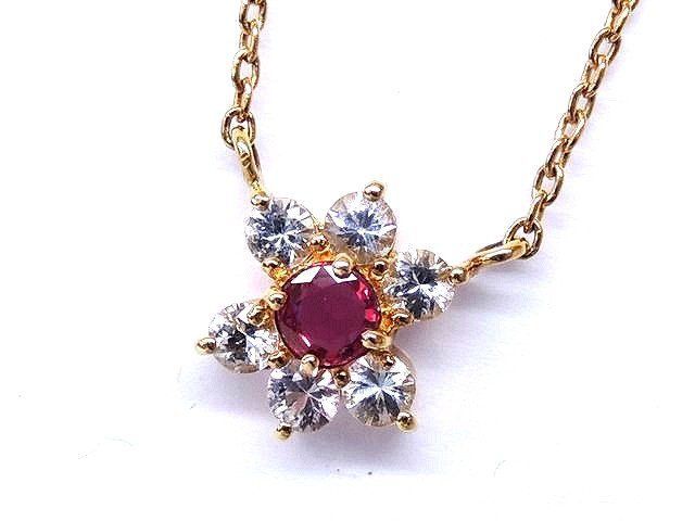 美品 ヴァンドーム青山 ネックレス ■ K18 YG イエローゴールド ルビー 0.18ct ホワイトサファイア レディース  VAVENDOMEAOYAMA □5C