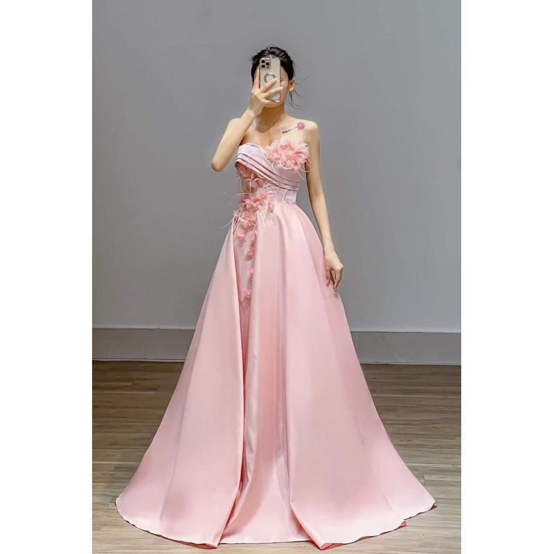 C110 高級桜ピンクロングウェディングドレス二次会ドレス