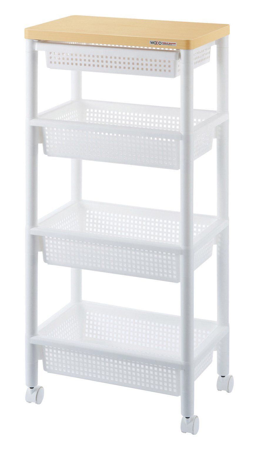 【在庫処分】ホワイト F2492 引き出しバスケット付 ＷＴＷ-4ＨＳ ウッドテーブルワゴン 不動技研