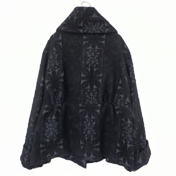 柄入りセンソユニコの黒コート 慈雨 センソユニコ ロングコート ジャガード 総柄 ウール 40 スタンド