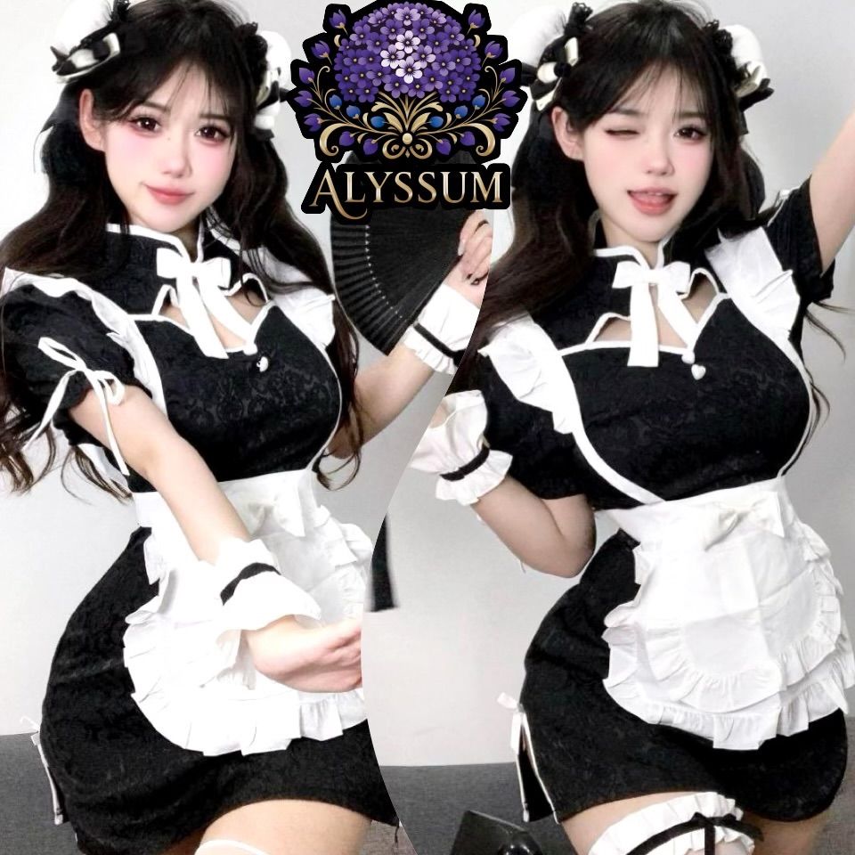 髪飾り付きセクシーチャイナメイド服コスプレ衣装フルセット S M