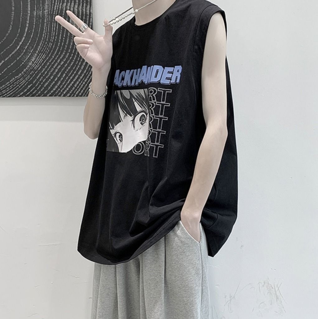 メンズ ノースリーブ タンクトップ イラスト プリント 全3色【0708