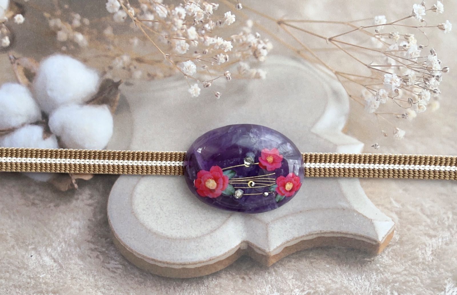 ☆〜天然石 高品質アメジスト 山茶花 帯留め 40×30〜☆ - メルカリ