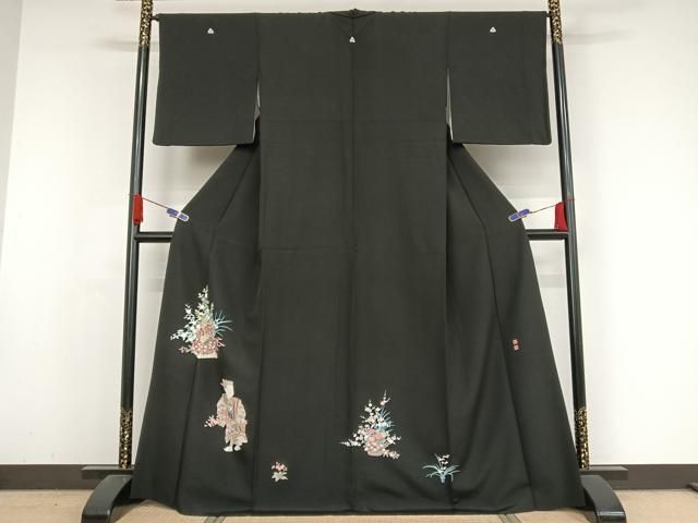 平和屋着物●豪華黒留袖 友禅 作家物 花篭 人物文 正絹 AABA4501np