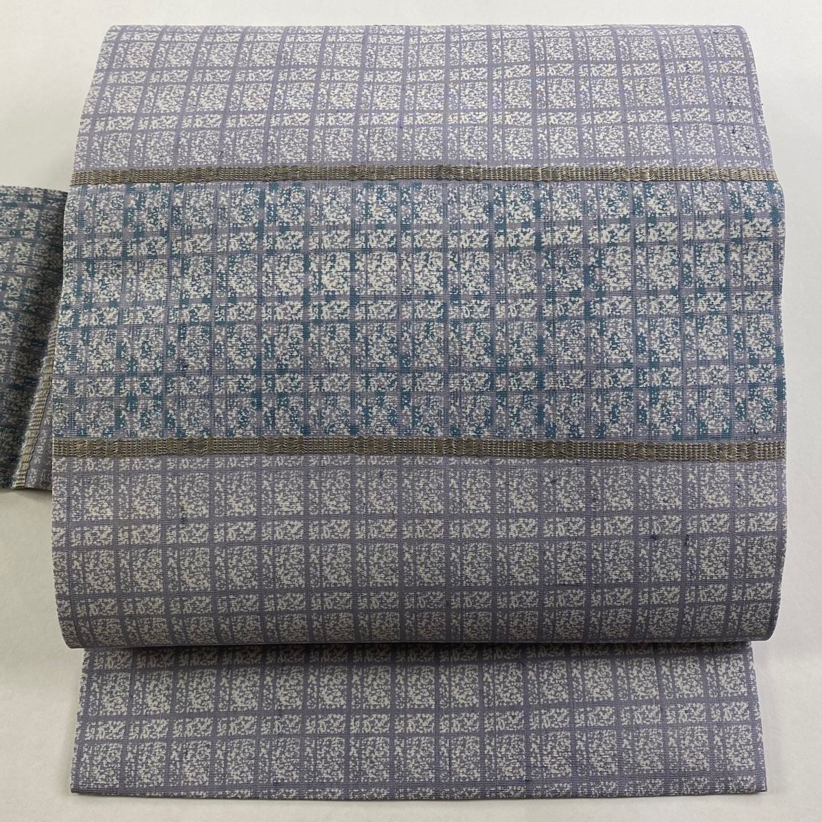 名古屋帯 秀品 紬 格子 横段 灰紫 正絹