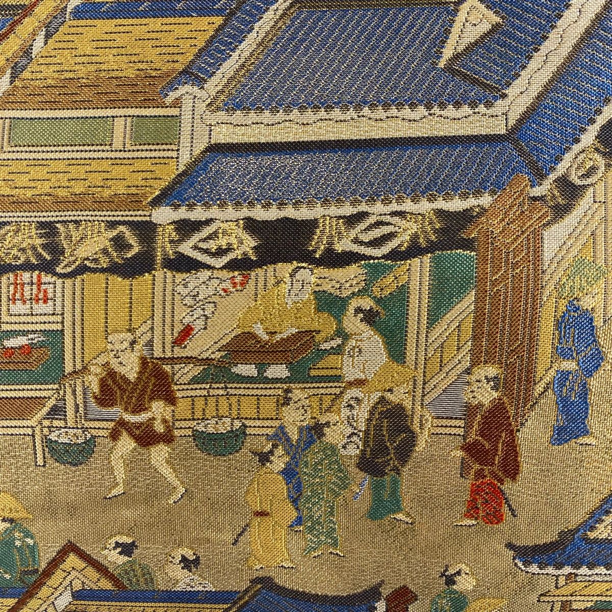 未使用 丸帯 平安雅祭礼図 風景 人物 金糸 箔 銀色 全通 正絹 未使用 丸帯 平安雅祭礼図 風景 人物 金糸 箔 銀色 全通 正絹