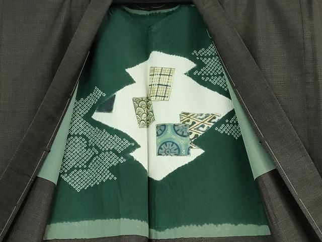 平和屋本店□極上 男性 お召 アンサンブル 長羽織 亀甲柄 黒紅色地