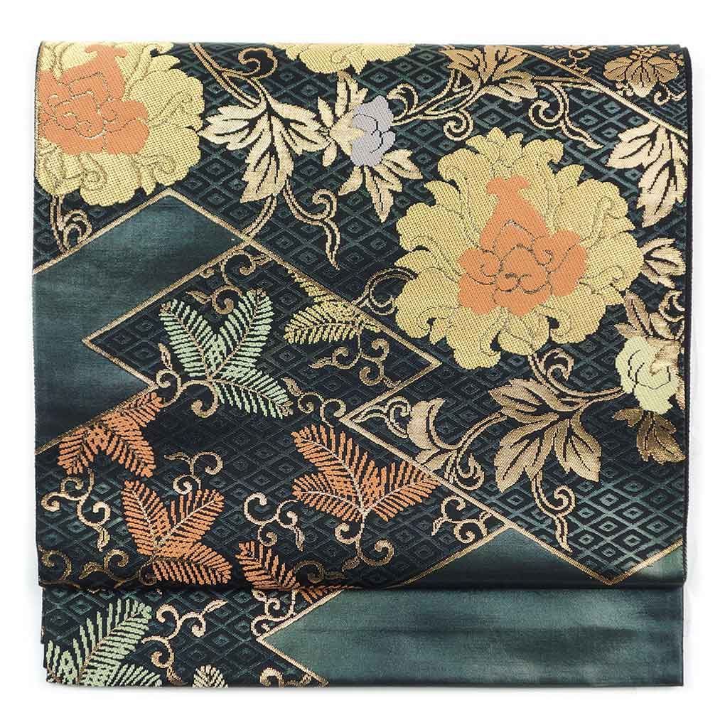 袋帯 幅31cm 長さ435cm レディース 花柄 秋冬春用 正絹 シルク グリーン ♥品 リメイク リユース リサイクル 呉服のきくや