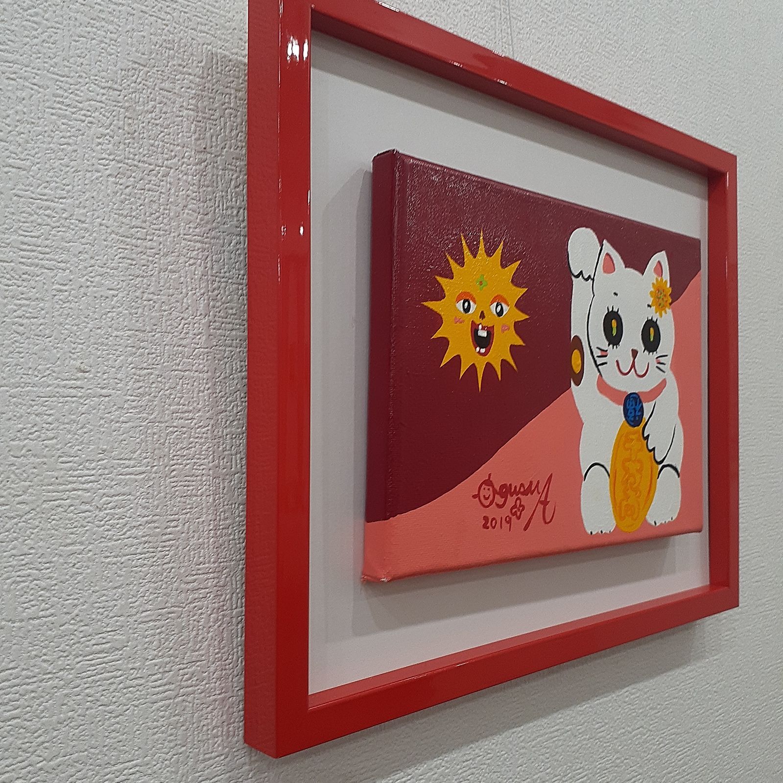 カラフルな招き猫のポップアート絵画色紙サイズ画家小楠アキコ作品