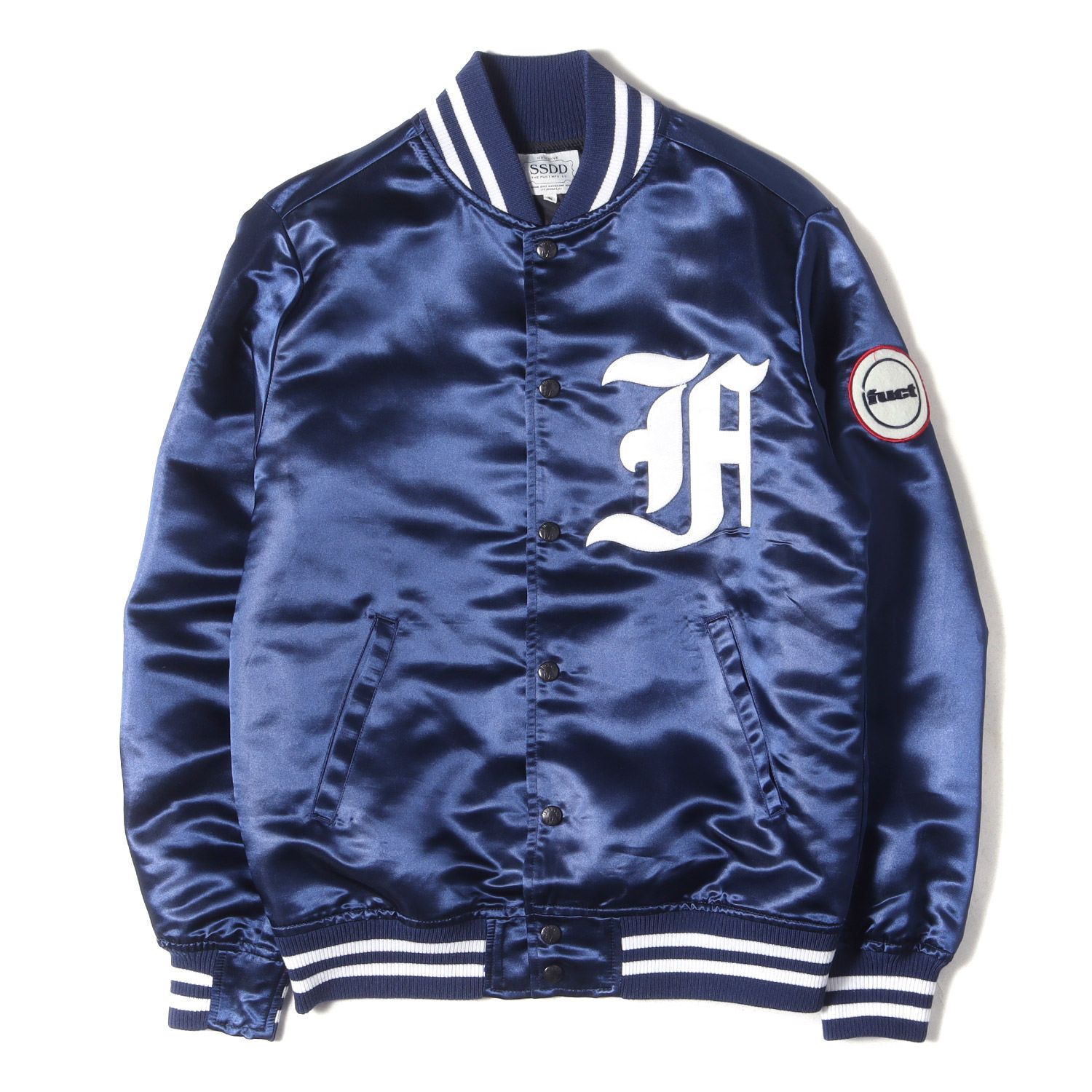 FUCT ファクト ジャケット サイズ:S ワッペンロゴ サテン スタジャン (FIRST DIVISION SATIN JACKET) ネイビー 紺 アウター ブルゾン ジャンパー【メンズ】